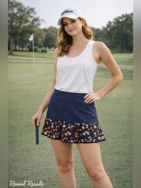 Callaway Opti Dri Golf Skort Ruffle Floral Hem Pockets Blue Gray Tennis Skirt L